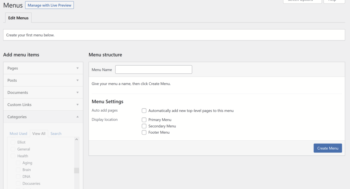 9/4/22: WordPress Menu Options