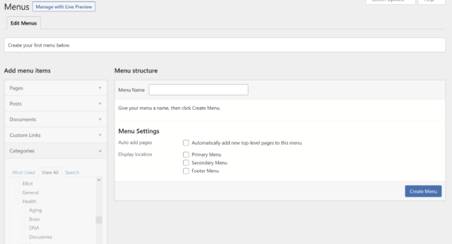 9/4/22: WordPress Menu Options