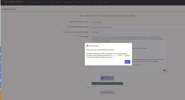 9/5/22 Arizona Medical Board form failure